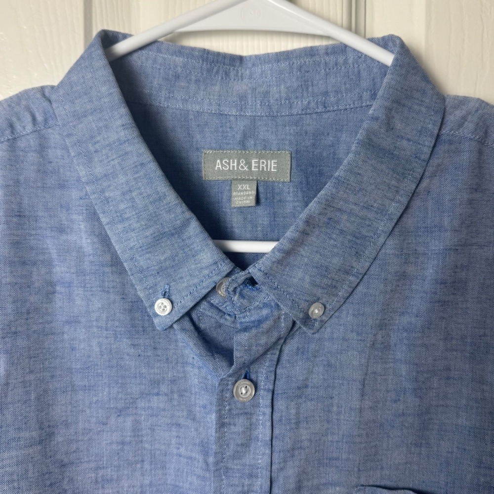 Ash & Erie Button Down Shirt Men XXL Blue Cotton Linen Short Sleeve Standard - Picture 3 of 6